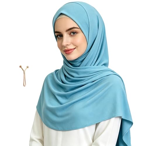 Jersey Hijab Scarf for Women,Lightweight Muslim Turban Head Scarf Modal Feel Hijab Coverings for Prayer with Clip - color: Blue