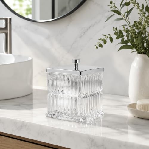 Vince Camuto Home Glass Cotton Jar Holder – Silver Lid, Elegant Bathroom Storage Canister for Qtips, Cotton Balls, Floss, Makeup Organizer, Vanity & Bathroom Organization - color: CLEAR GLASS SILVER LID