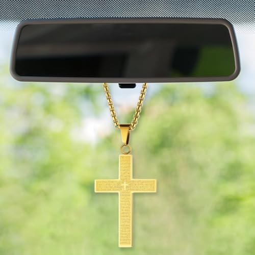 Cross Car Rear View Mirror Charm, Titanium Steel Automotive Mirrors Hanging Pendant, Religious Cross Necklace Ornament with Bible Verse, Vehicle Interior Decoration for Men, Women(Gold) - color: Gold