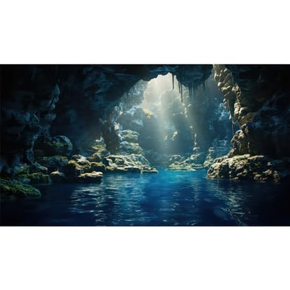 Aquarium Background Underwater Cave with Blue Water and Sunbeams Terrarium Backdrop Fantasy Rocks Moss Sun Rays Fish Tank Background Cave Landscape Tank Wallpaper Poster Vinyl 24x12in - color: Cave Dark Blue, size: 24(W)x12(H)inches/ 60(W)*30cm(H)
