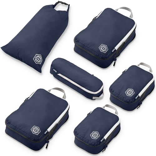 TRIPPED Travel Gear Compression Packing Cubes for Carry-On Travel 6-Pack - color: Nautical Navy (Navy Blue and White), size: 6 Piece