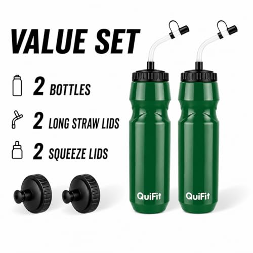 QuiFit Hockey Water Bottle with Long Straw -32oz Lacrosse Water Bottle 2 Pack with 2 Lids Each- BPA Free Squeeze Sports Water Bottles, Leakproof Dishwasher Safe- for Helmet,Lacrosse (Green) - color: Green