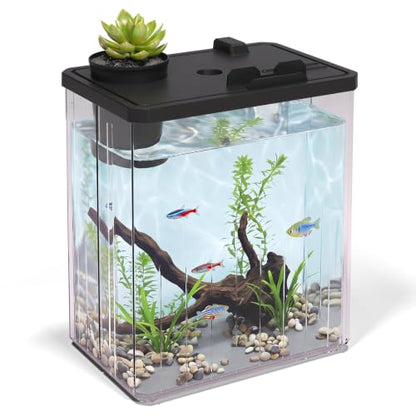 2 Gallon Betta Fish Tank Aquarium Starter Kit with Light and Lid(Black) | Premium Acrylic Aquarium with Light and Lid, Crystal Clear Starter Kit for Betta Fish, Shrimp, Snails and Small Fish - color: Black, size: 2 Gallon