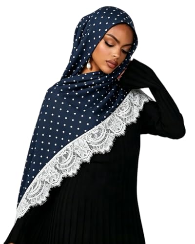 JUMISEE Elegant Floral Lace Hijab Scarf for Women Soft Cotton Head Wrap Instant Hijab Long Scarves Evening Dress Shawl - color: Navy Blue Polka Dot