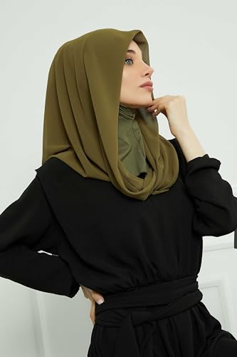 Aisha's Design Pre-tied Cotton-Chiffon Scarf for Women Practical Veil Instant Scarf Hijab Stylish Design - color: Khaki