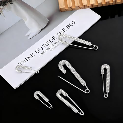 6Pcs Decorative Safety Pins, Ymapinc Silver Rhinestone Pins for Clothes, Silver Rhinestone Fancy Brooch for Women Large & Small Crystal Brooches, Fashion Pin, Hats & Scarves
