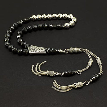Design-Long & Stylist Tassels Collection Worry Beads-Prayer Beads-Tesbih-Tasbih-Tasbeeh-Misbaha-Subha-Sebha-Sibha-Rosary (Black and Silver Plated Hematite 8 mm 33 Beads & Bracelet) - color: -Faceted Black and Silver Plated Hematite 8 mm 33 Beads & Bracele