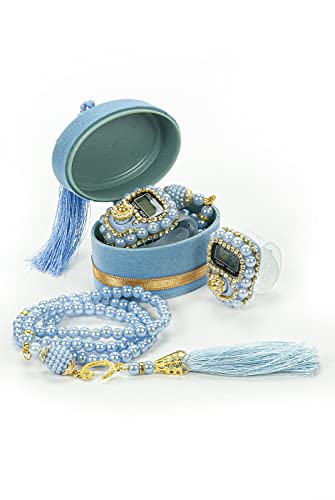 ihvan online Islamic Prayer Beads Gift Set – 99 Beads Tasbih & Digital Finger Counter in Velvet Gift Box, Muslim Dhikr Set, Meaningful Gift for Ramadan, Eid, Mevlid & Weddings (Blue) - color: blue