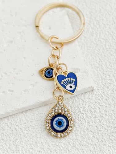 Blue Evil Eye Keychain Hamsa Hand Protection Keyring Good Luck Amulet for Purse Keys,Spiritual Gift for Women Men - color: Gold-3