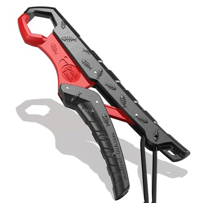 7.5'' Floating Fish Gripper, Fishing Grabber | Catfish Mouth Pliers, Caught Bass Holder, Fish Scale Hook Clamp, Saltwater Lip Grip Tool with Lanyard, Gifts for Men - color: Black-red