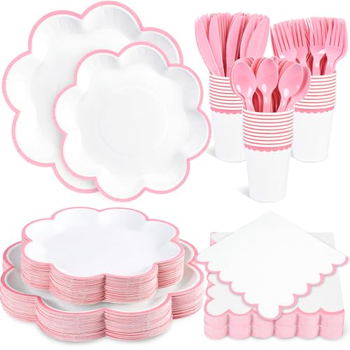 350 Pcs Pink and White Paper Plates and Napkins Set,Tableware for 50 Guest - color: White with Pink Edge