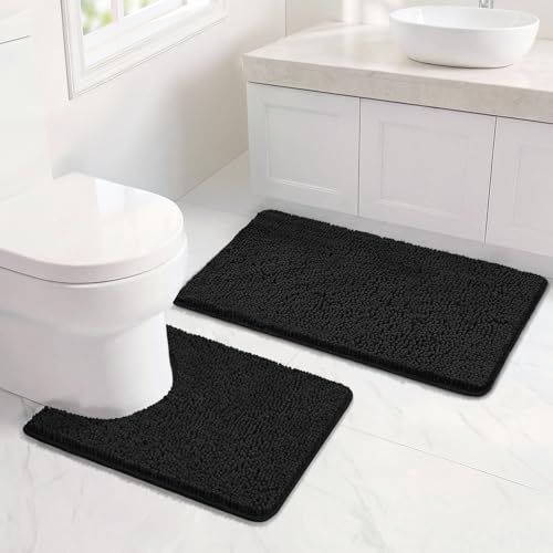 Bcoimo U Shaped Bath Rug Mat Set,2 Piece Chenille Black Toilet Bathroom Rug - color: Black, size: U24×20 Plus 30×20