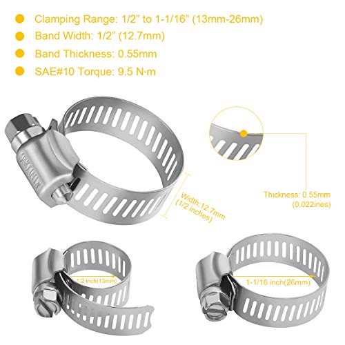 Winlong Stainless Steel Hose Clamps - 16 Pack Worm Gear Drive Hose Clamps SAE 10 Clamping Range from 1/2 Inch to 1-1/16 Inch (13mm-26mm) for Automotive Plumbing, 1/2'', 3/4'', 1'' Clamps - size: SAE#10 (1/2" ~ 1-1/16") 16PK