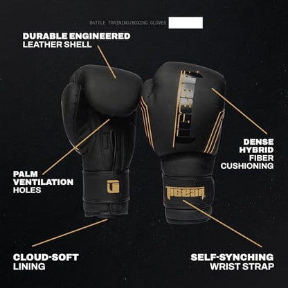 Tigear Surge Pro Boxing Gloves for Men Women & Kids | Engineered Leather Muay Thai Gloves, MMA Gear, Kickboxing Heavy Bag Training and Sparring - color: Black/Gold, size: 16 oz