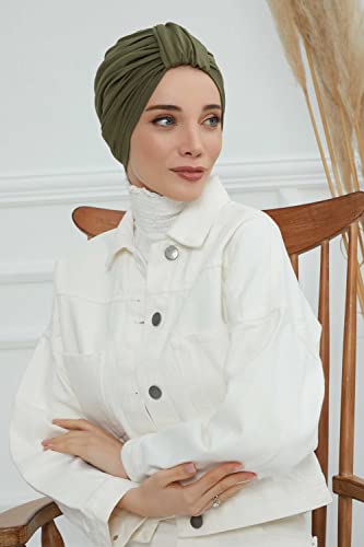 Aisha's Design Instant Turban Plain Cotton Scarf Head Wrap Lightweight Hat Bonnet Cap for Women - color: Khaki