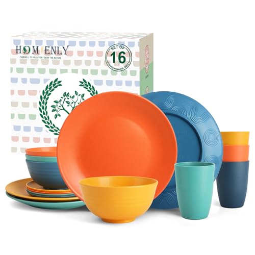 Homienly Dish Set Wheat Straw Dinnerware Sets Unbreakable Reusable Dinnerware Set 16 PCS Cups Plates and Bowls Sets, Microwave and Dishwasher Safe Dishes for Camping, Outdoor - Colorful - color: Multicolor, size: 16 PCS