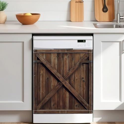 Vintage Barn Door Dishwasher Magnet Cover 23x26 in,Wooden Removable Magnetic Dishwasher Door Cover,Decorative Refrigerator Panel Sticker for Kitchen Home Decor - color: Vintage Barn Door Wooden