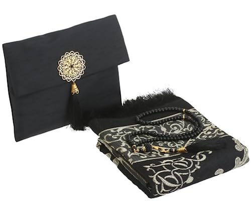 Prien Muslim Prayer Rug with Tasbih and Portable Bag, Muslim Gift for Women Men, Mubarak Islamic Box, Soft Mat Islam Gifts Set, Turkish Sajadah for Ramadan, Eid, Hajj, Travel, Pray (Black) - color: Black