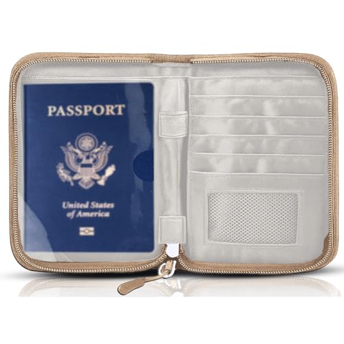 Passport Holder for Travel, RFID Blocking Wallet for Couples Men and Family - color: Khaki