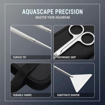 4 Pcs Aquarium Plant Tool Set, Stainless Steel Aquascaping Tools Kit, Aquarium Aquascape Tools with Canvas Bag, Includes Tweezers Scissors Spatula, for Fish Tank Plant