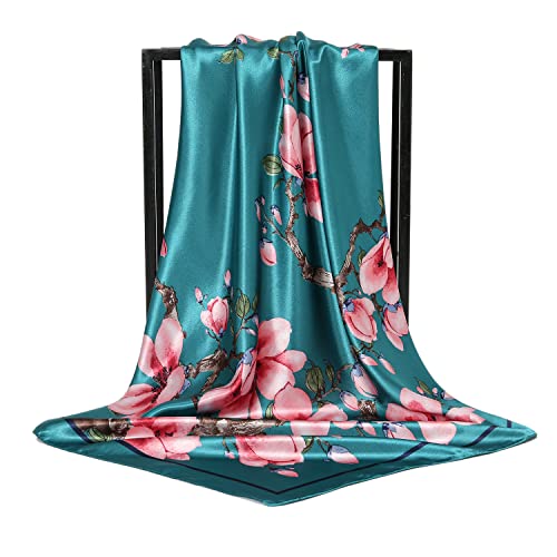 RIIQIICHY Head Scarf for Women Like Silk Satin Scarf for Hair Wrapping at Night Bandana Square Scarf for Sleeping 35 Inch - color: Darkcyan/Peach/Green/Dark Brown/ Navy