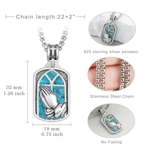 Western Catus/Knights Templar/St Michael/Santa Muerte/Praying Hand/Spartan/Virgin Mary/Tetragrammaton/Wrestlers/Allah Necklace Sterling Silver Dog Tag Necklace Christian Jewelry Gifts for Men - style: Praying Hand