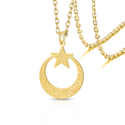 VASSAGO Islamic Ayatul Kursi Necklace Crescent Moon and Star Pendant - color: Gold