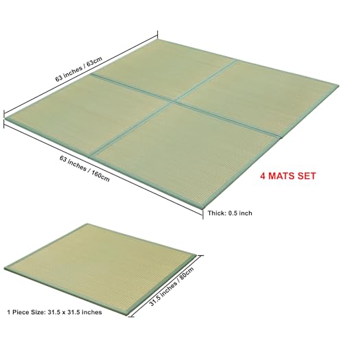 Japanese Rush Grass Tatami Mat Rug, 31.5"x31.5"x0.5",9pc,Fold DIY | Japanese Portable Firm Traditional Foldable with Non-Slip Design, Floor Padding for Crawling and Yoga, Relaxing, Meditation