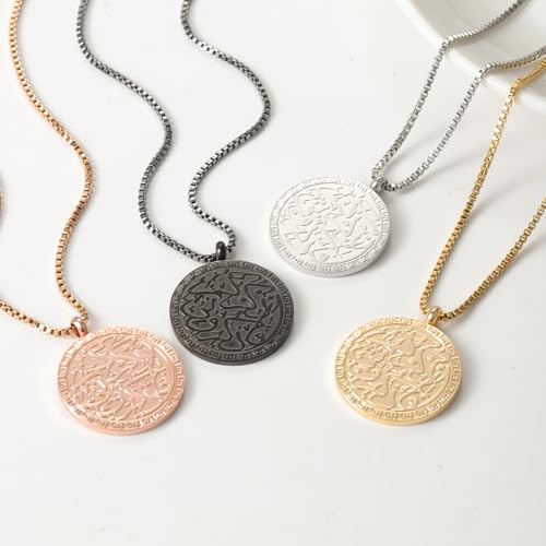 Muslim Customized Verses Arabic Calligraphy Necklace Personalized Stainless Steel Round Islamic Pendant Best Eid Gift For Women - color: Rose Gold