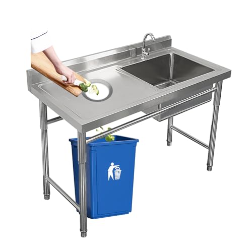 Commercial Stainless Steel Sink, Fish Cleaning Table with Trash Chute, Utility Portable Single Bowl Kitchen Hand Washing Station, Outdoor Free Standing Prep Table with Sink, Camping Basin Laundry Tub( - size: 100*50*80cm/39.3*19.6*31.4in