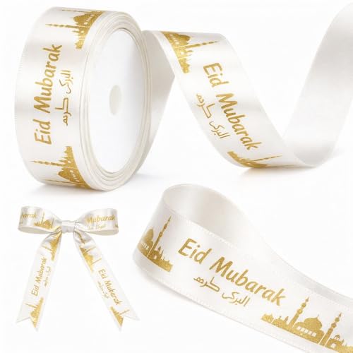 20 Yards Eid Al Adha Ribbons, Calligraphy Eid Mubarak Arabic Gold Ribbon for Wrapping Ramadan Kareem Eid al-Adha Ribbons for Islamic Muslim Party Hajj Umrah Decorations Supplies Gifts (White) - color: White