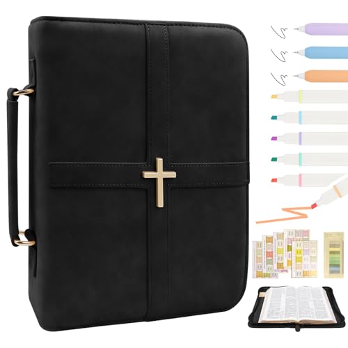 Classic Leather Bible Cover Case with Cross Design and Handle for Men Women, Durable Bible Study Supplies Organizer Carrying Bag, Perfect Christmas Gifts for Christians with Gift Box（Black