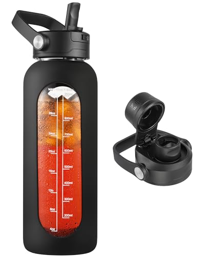 CIVAGO 40 oz Glass Water Bottle with Detachable Straw and Time Maker | Motivational Large Flask Cup with Handle, Leakproof Lids, Wide Mouth, Silicone Sleeve, Tumbler for Juice, Black - color: Black, size: 40 Ounces