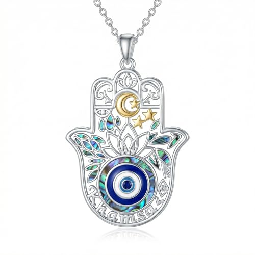 PROESS 925 Sterling Silver Hamsa/Allah Necklace Evil Eye Amulet Jewelry Gifts for Men Women - style: Hamsa Moon Star