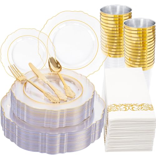 KIRE 210Pcs Clear Plastic Plates with Gold Rim for Wedding/Party - color: Clear and Gold
