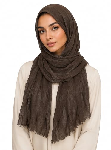 Lightweight Rayon Scarf with Cotton Linen Texture – Breathable Wrinkle Hijab, Vintage Dyed Wrap Shawl - color: Brown