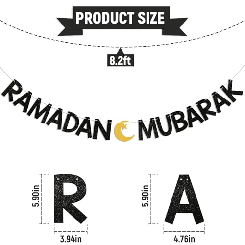 Ramadan Mubarak Banner - Eid Festival Muslim Islam Party Decoration, Ramadan Kareem Decor, Ramadan Banner with Moon and Star for Islamic Eid Decoration Black Glitter