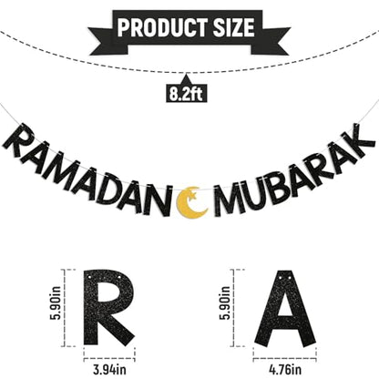 Ramadan Mubarak Banner - Eid Festival Muslim Islam Party Decoration, Ramadan Kareem Decor, Ramadan Banner with Moon and Star for Islamic Eid Decoration Black Glitter