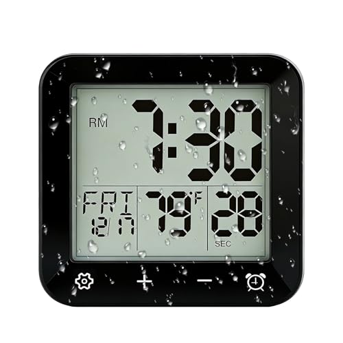 Digital Waterproof Shower Clock, Bathroom Kitchen Clock with Countdown Timer, Wall Clock with Large LCD Display, Temperature, Touch Button, Suction, Hanging Hole, Battery Operated I Black - color: Black