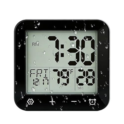 Digital Waterproof Shower Clock, Bathroom Kitchen Clock with Countdown Timer, Wall Clock with Large LCD Display, Temperature, Touch Button, Suction, Hanging Hole, Battery Operated I Black - color: Black