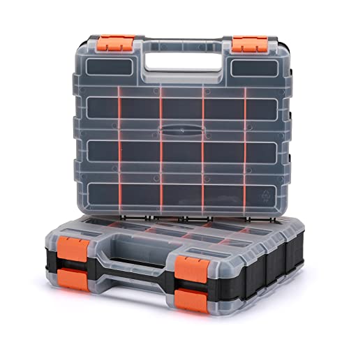 EMENTOL 2PCS Double Side Tool Organizer with Impact Resistant Polymer and Customizable Removable Plastic Dividers, Hardware Box Storage, Excellent for Screws, Nuts, 34-Compartment, Black/Orange