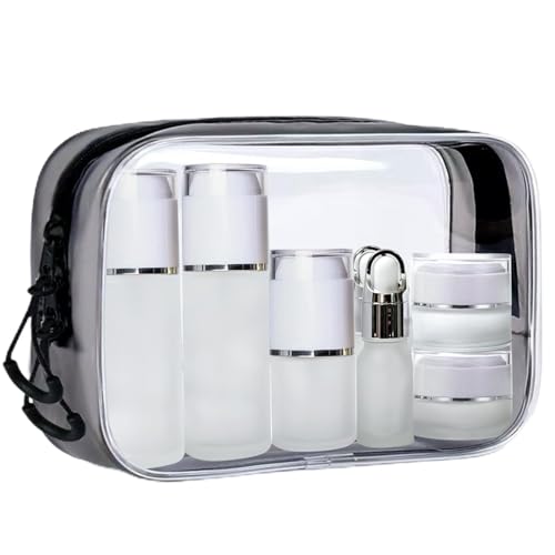 Glass Travel Bottles for Toiletries, TSA Approved, Leak Proof Refillable Travel Size Containers with Pump Spray Dropper Jars for Skincare Lotion Cream or Shampoo - color: Frosted Glass Bottle with White Lid