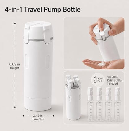4-in-1 Detachable Travel Dispenser Bottles Set Foldable Pump Leak-Proof, Carry-On Compliant 30ml/1OZ Refillable Containers for Shampoo Lotion Body Wash with Protective Case - color: White