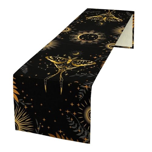 Moth Table Runner, Rustic Vintage Boho Black Golden Sun Moon Botanical Leaves Table Center Decor for Home Kitchen Dining Party Indoor Outdoor 13x36in - color: Moth-11, size: W13''xL36''