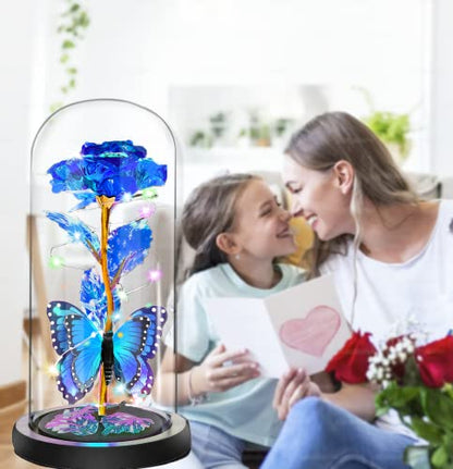 Mothers Day Rose Gifts for Mom, Birthday Gifts for Women Moms, Galaxy Crystal Light Up Rose in A Glass Dome,Mothers Day Flowers Presents Girlfriend Wife Sister Mother Mom from Daughter,Butterfly Blue - color: Butterfly- Blue