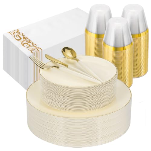 Bestluck 350 Pcs Ivory Gold Plastic Plates,Disposable Dinnerware Set - color: Ivory, size: 50 Guests
