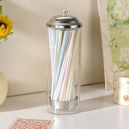 Fox Run Glass Straw Holder with Stainless Steel Lid & Lifter For Countertop | 3.5" x 10.5" Dispenser with 100 Straw Capacity | Stores Chopsticks, Pencils, Pencils, Forks & More | Dishwasher Safe Holder