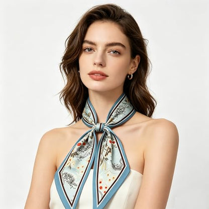 Silky Satin Long Skinny Head Scarf for Women - Neck Hair Scarf, Purse Bag Belt Accessory, Silk Feeling, 57"x5" - color: Sky Blue 03