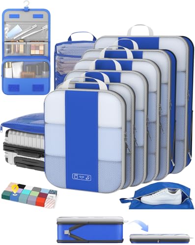 OlarHike 10 Set Compression Packing Cubes for Travel Essentials,Compressible Expandable Space Saver Bags for Organizing Clothes,Luggage Suitcase Garment Bags with Over 1000 pcs Mesh Holes(Klein Blue) - color: Klein Blue
