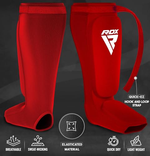 RDX Shin Guards Kickboxing Muay Thai, SATRA Approved, MMA Leg Instep Protection Pads, Sparring Training Martial Arts Boxing, Elasticated Padded Protector, Karate BJJ Taekwondo Gear, Men Women - color: Red White, size: Small